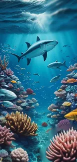 Vibrant underwater scene with sharks and colorful coral reefs.