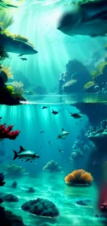 Vibrant underwater scene with coral and fish in turquoise waters.