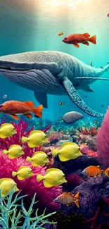 Vibrant underwater scene with whale, colorful fish, and corals.