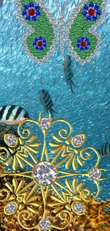 Underwater scene with coral, fish, and ornate jewelry.