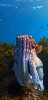 Cuttlefish swimming in vibrant ocean water.