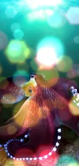 Colorful octopus swimming in vibrant underwater ocean scenery.