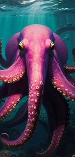 Purple octopus swimming in vibrant ocean scene.