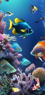 Colorful tropical fish swim around a vibrant coral reef.