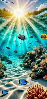 Vibrant underwater scene with coral and fish in sunlight.