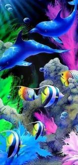 Vibrant underwater scene with dolphins and colorful fish.