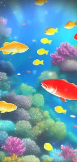 Colorful fish swimming in a vibrant underwater coral reef scene.