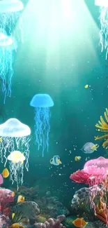 Colorful underwater scene with corals and fish.
