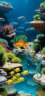 Vibrant underwater scene with colorful fish and coral reefs.