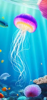 Colorful jellyfish and coral in a vibrant underwater scene.