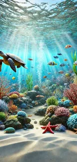 Vibrant underwater scene with marine life and coral reefs.