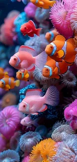 Clownfish swimming among vibrant corals underwater.