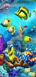 Vibrant underwater scene with colorful tropical fish and coral reefs.