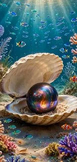 Underwater scene with cosmic pearl in an open shell amid corals.