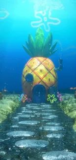 Whimsical underwater pineapple home with vibrant marine surroundings.