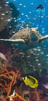 Underwater scene with a sea turtle and colorful coral reef.