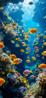 Vibrant coral reef with tropical fish in clear blue water