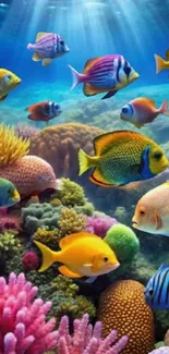 Colorful fish swim across a vibrant coral reef under the ocean.