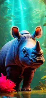 Colorful underwater scene with a rhino and vibrant flora.