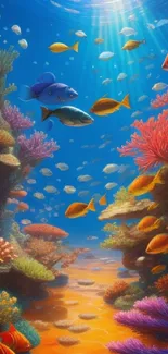 Colorful underwater scene with coral and diverse fish in blue ocean.