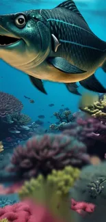 Colorful fish swimming above coral in a vibrant underwater scene.