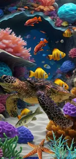 Colorful underwater scene with marine life and coral reefs.