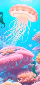 Colorful coral reef with jellyfish and seahorses.