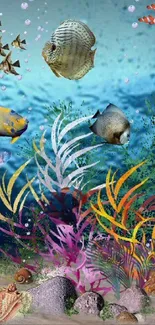 Colorful underwater scene with diverse fish and coral on a vibrant mobile wallpaper.