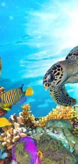 Vivid underwater ocean scene with fish and turtle.