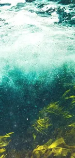 Underwater seascape with seaweed and ocean waves, vibrant teal hues.