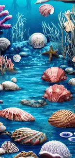 Underwater wallpaper with colorful seashells and corals.