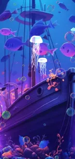 Vibrant underwater ship with colorful fish.