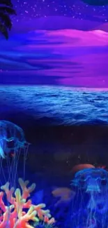 Vibrant ocean scene with jellyfish and stars.