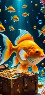 Vibrant fish swim around a sunken treasure in an underwater scene.