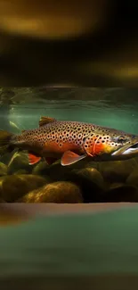 Brown trout gliding gracefully underwater with natural hues and serene backdrop.