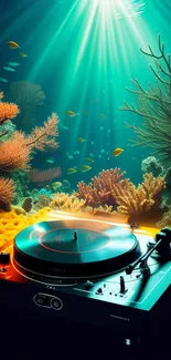 Underwater turntable with vibrant marine life and sunlight rays.