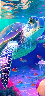 Vibrant sea turtle swimming in colorful coral reef.