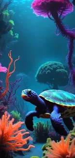 Colorful coral reef with turtle in vibrant underwater setting.