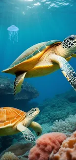 Two sea turtles gliding in a vibrant underwater coral scene.