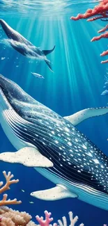 Majestic whales swimming by colorful coral reefs in vibrant ocean scene.