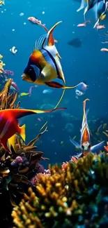 Vibrant colorful fish swim in a lively coral reef underwater.