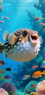 Cheerful pufferfish surrounded by vibrant fish in a colorful underwater scene.