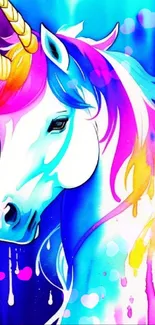 Colorful unicorn wallpaper with vibrant blues and pinks in watercolor style.