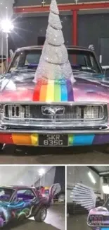 Unicorn-themed vintage car with rainbow colors and wings.