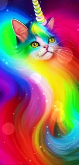 Colorful unicorn cat with vibrant rainbow mane in fantasy art style.