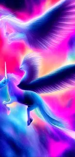 Vibrant unicorns flying in cosmic fantasy art wallpaper.