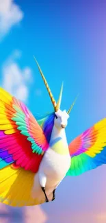 Colorful unicorn with rainbow wings in a magical scene.