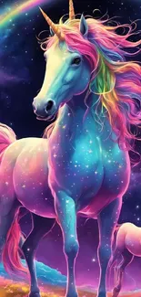 Vibrant unicorn under a cosmic sky with colorful mane, perfect for phone wallpaper.