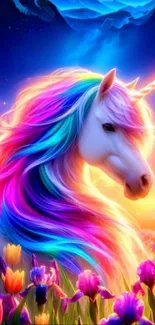 A vibrant unicorn with rainbow mane amid tulips.