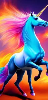 Colorful blue unicorn with fiery mane in fantasy art style.